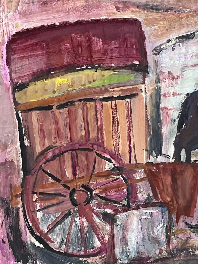 French Post Impressionist Oil Rustic Farmyard Scene with Horse and Carriage - Image 7