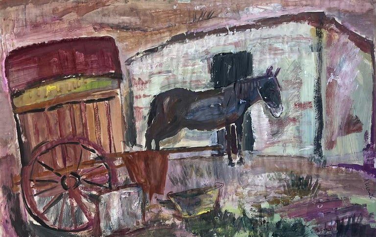 French Post Impressionist Oil Rustic Farmyard Scene with Horse and Carriage