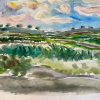 Vibrant Abstract Landscape with Rolling Fields and Sky Expressive Watercolor