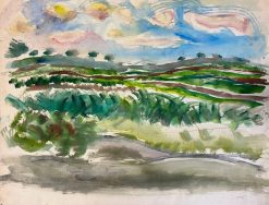 Vibrant Abstract Landscape with Rolling Fields and Sky Expressive Watercolor