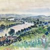 Expansive River Valley Landscape with Figure Watercolor French Painting