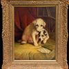 Antique English Dog Oil Painting Terrier & Naughty Puppy Framed 19th century