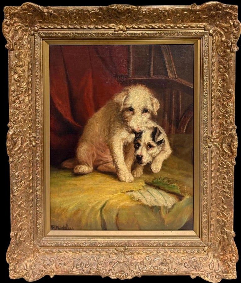 Antique English Dog Oil Painting Terrier & Naughty Puppy Framed 19th century