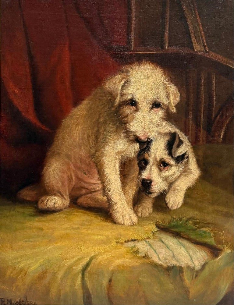 Antique English Dog Oil Painting Terrier & Naughty Puppy Framed 19th century - Image 2