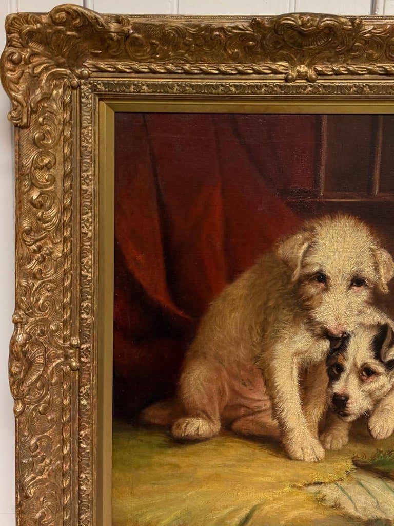 Antique English Dog Oil Painting Terrier & Naughty Puppy Framed 19th century - Image 3