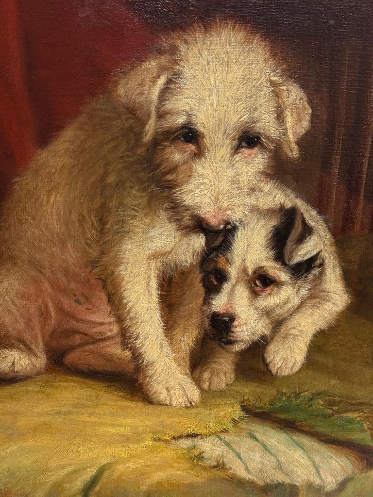 Antique English Dog Oil Painting Terrier & Naughty Puppy Framed 19th century - Image 4