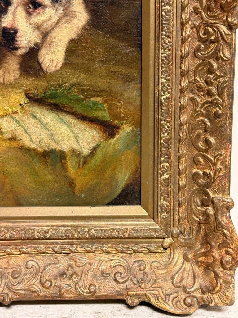 Antique English Dog Oil Painting Terrier & Naughty Puppy Framed 19th century - Image 5
