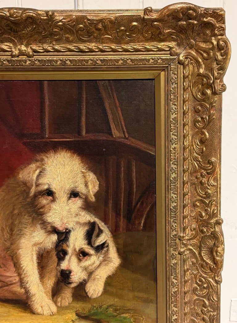 Antique English Dog Oil Painting Terrier & Naughty Puppy Framed 19th century - Image 8