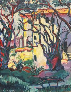 Vibrant Mediterranean Villa Among Trees Bold Impressionist Oil Painting