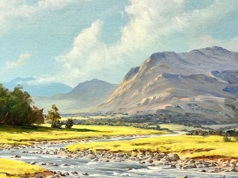 Signed Scottish Oil Sunny Highland River Landscape in Summer, framed original - Image 3