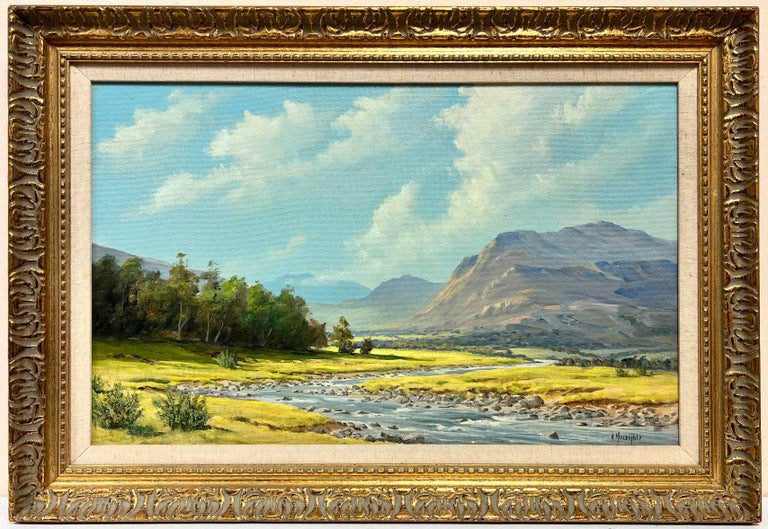 Signed Scottish Oil Sunny Highland River Landscape in Summer, framed original
