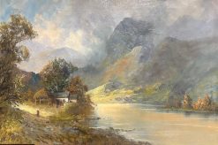 Highland Loch Cottage Majestic Antique Scottish Landscape Oil Painting