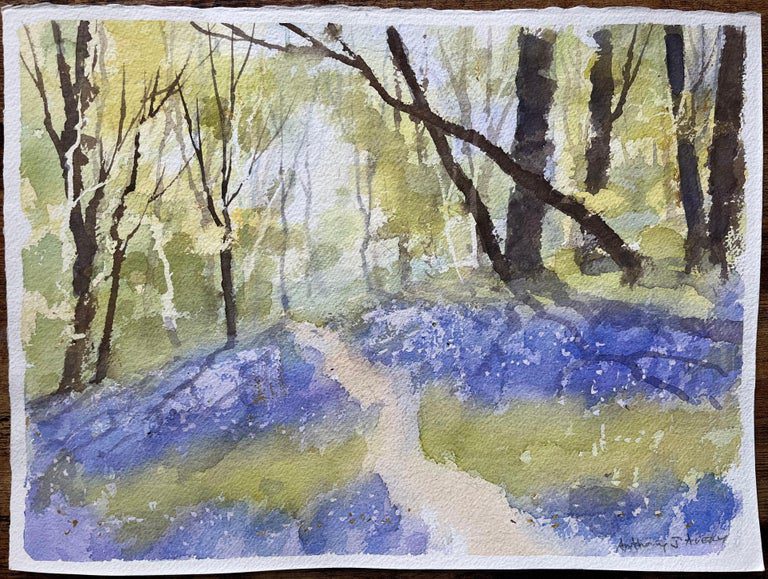 British Impressionist Watercolor of a Woodland Path with Spring Bluebells - Image 2
