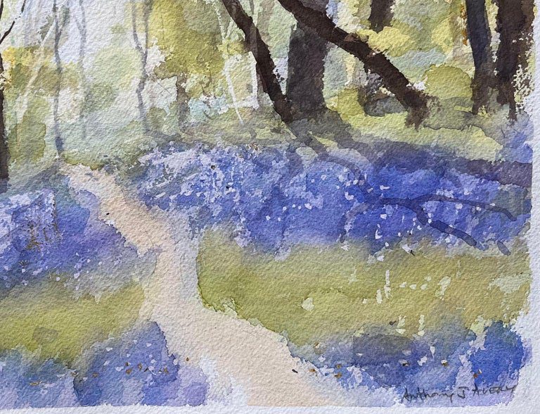 British Impressionist Watercolor of a Woodland Path with Spring Bluebells - Image 3