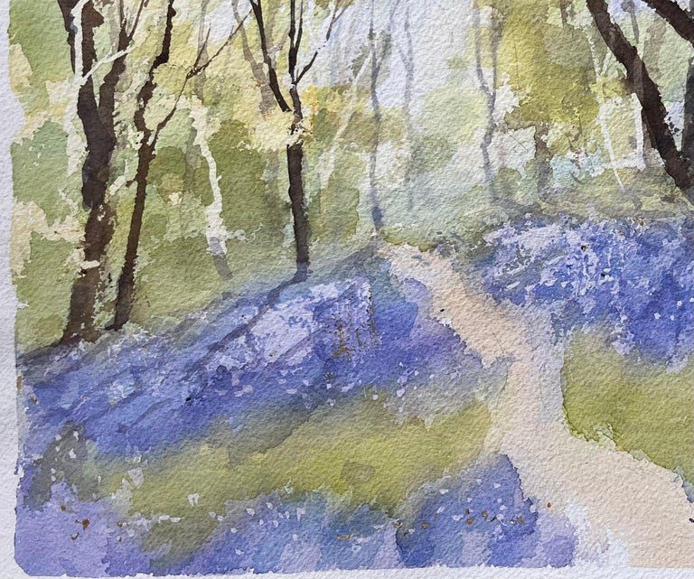 British Impressionist Watercolor of a Woodland Path with Spring Bluebells - Image 5