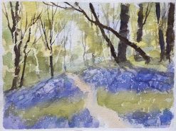 British Impressionist Watercolor of a Woodland Path with Spring Bluebells