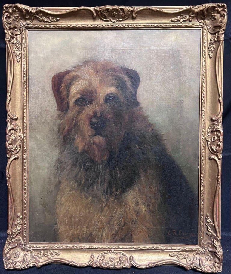 Border Terrier Portrait Signed Oil on Canvas Framed 20th Century