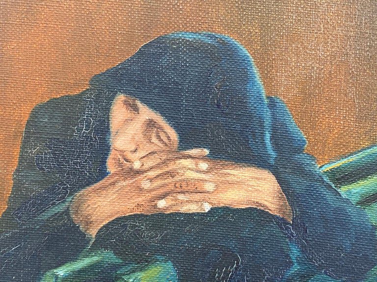 Fernand Audet (1923-2016) French Signed Oil Elderly Lady Sleeping on Bench - Image 2