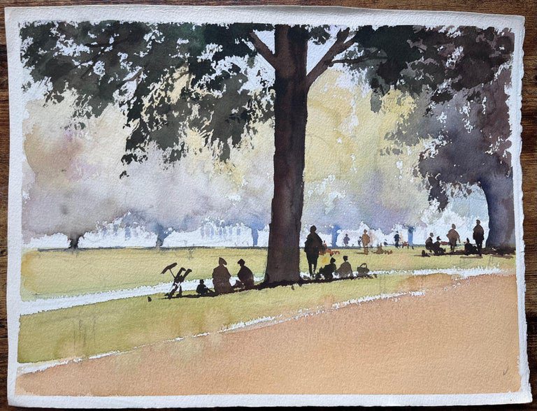 British Impressionist Watercolor of a Park Scene with Figures Under Trees - Image 2