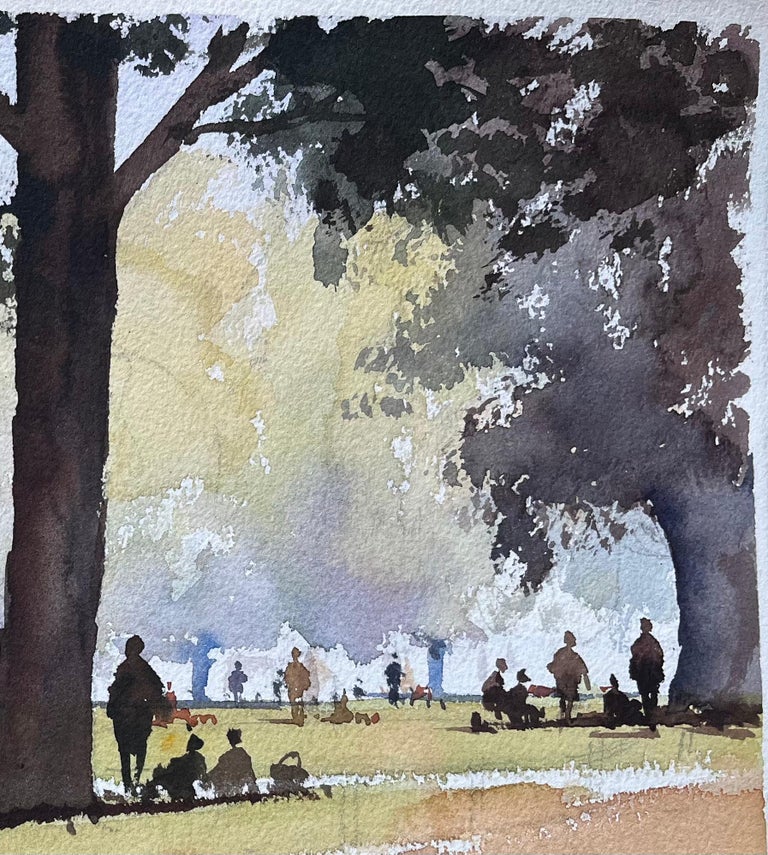 British Impressionist Watercolor of a Park Scene with Figures Under Trees - Image 3