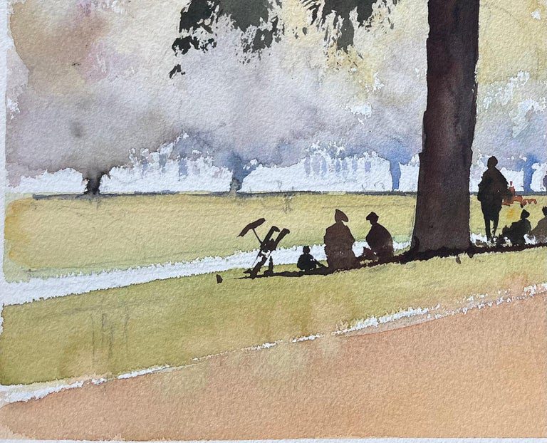 British Impressionist Watercolor of a Park Scene with Figures Under Trees - Image 5