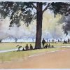 British Impressionist Watercolor of a Park Scene with Figures Under Trees