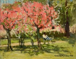 Pink Blossom Trees Parisian Park Figure Reading 1980's French Impressionist Oil