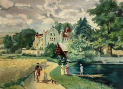 Elegant Figures Country Chateau Park Land Antique French Oil Painting Signed