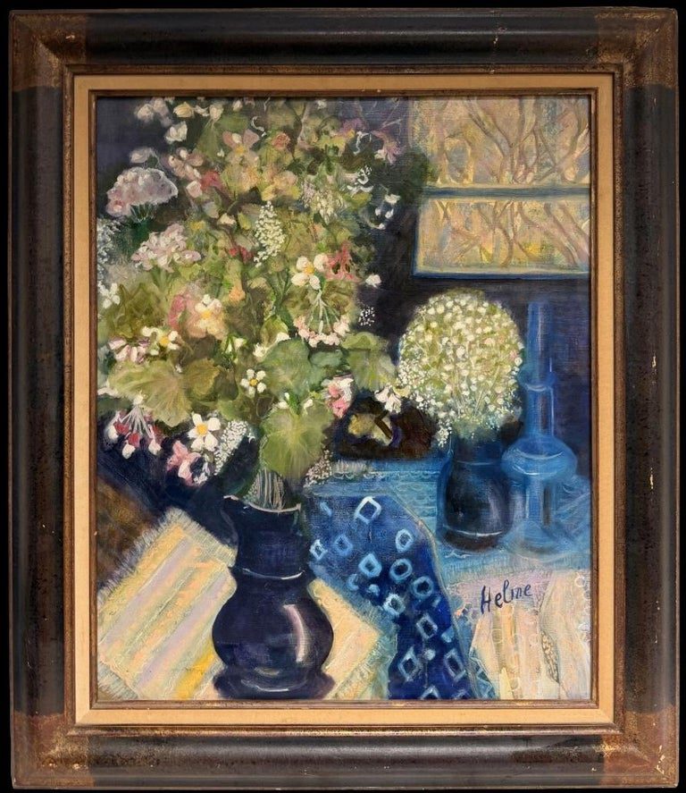 Flowers in Blue Vase, Signed Oil on Canvas, Framed, Mid-20th Century French