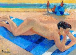 Signed French Contemporary Oil Painting Nude Woman Sunbathing on Beach