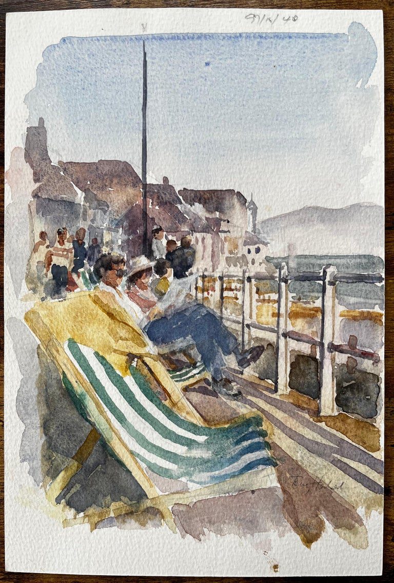 Seaside Promenade with Deckchairs Summer Crowd and Ocean View Watercolour - Image 2
