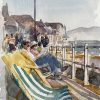 Seaside Promenade with Deckchairs Summer Crowd and Ocean View Watercolour