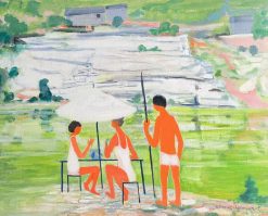 Large Modernist French Landscape with Figures Sunbathing by the River Signed Oil