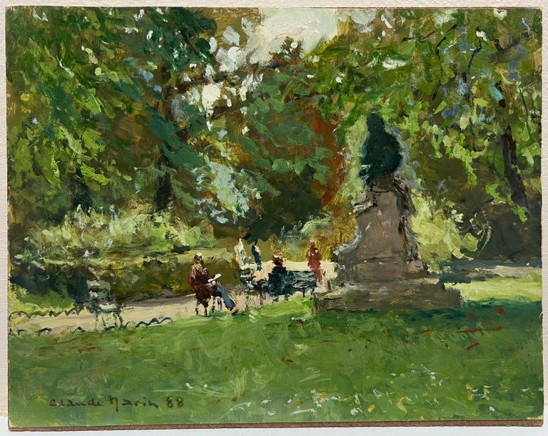 Parisian Park Scene Dappled Light Figures Statue French Impressionist Signed Oil - Image 2