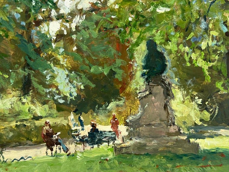 Parisian Park Scene Dappled Light Figures Statue French Impressionist Signed Oil - Image 3