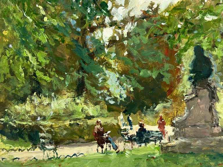 Parisian Park Scene Dappled Light Figures Statue French Impressionist Signed Oil - Image 4