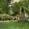 Parisian Park Scene Dappled Light Figures Statue French Impressionist Signed Oil