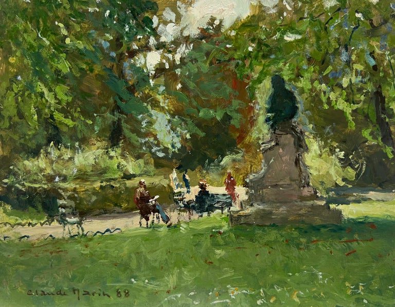 Parisian Park Scene Dappled Light Figures Statue French Impressionist Signed Oil