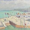 French Coastal Seaside Scene with Figures Flags and Bathing Huts Landscape
