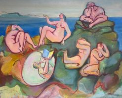 Huge 1950's French Modernist Oil Mythological Pink Nudes on Rocky Coastline