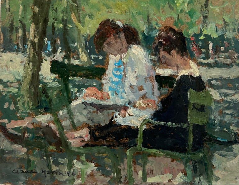Dappled Light Ladies in Paris Park 20th Century French Impressionist Signed Oil