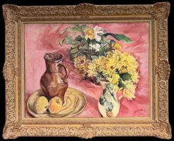 Yellow Flowers and Copper Jug in Pink Still Life Interior Oil French Painting