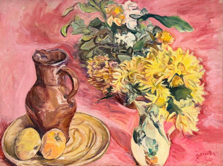 Yellow Flowers and Copper Jug in Pink Still Life Interior Oil French Painting - Image 2