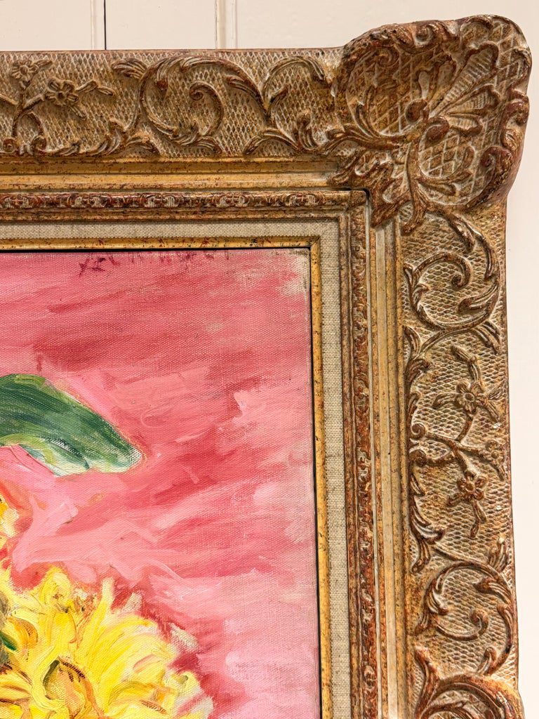 Yellow Flowers and Copper Jug in Pink Still Life Interior Oil French Painting - Image 3