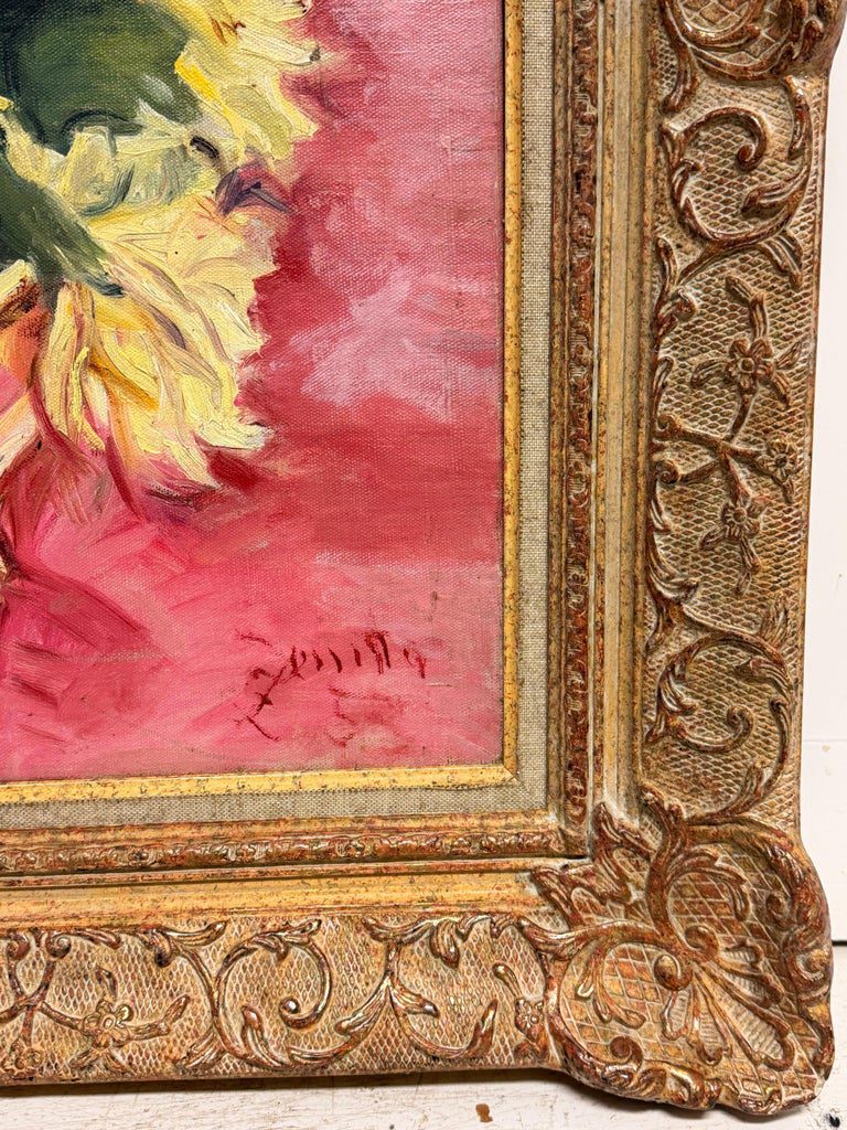 Yellow Flowers and Copper Jug in Pink Still Life Interior Oil French Painting - Image 4