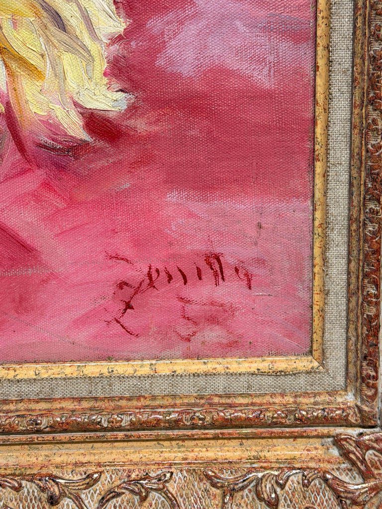 Yellow Flowers and Copper Jug in Pink Still Life Interior Oil French Painting - Image 5