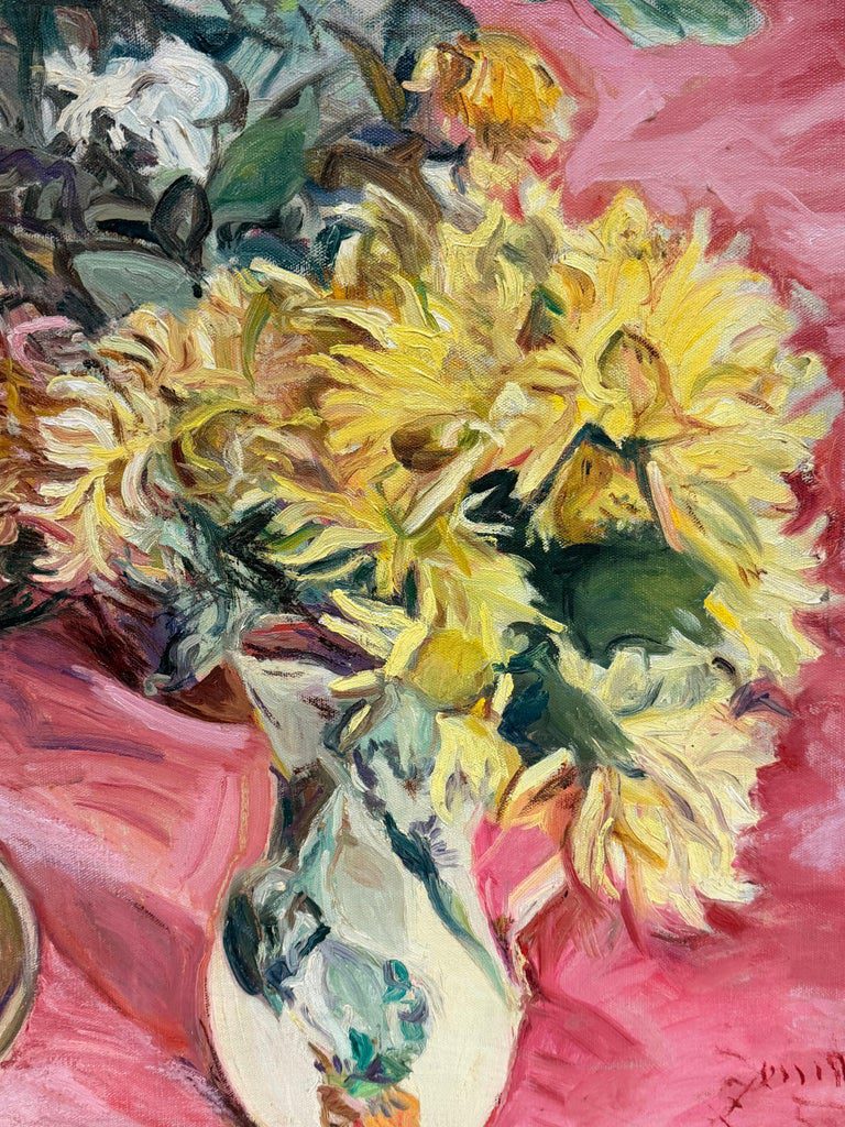 Yellow Flowers and Copper Jug in Pink Still Life Interior Oil French Painting - Image 6