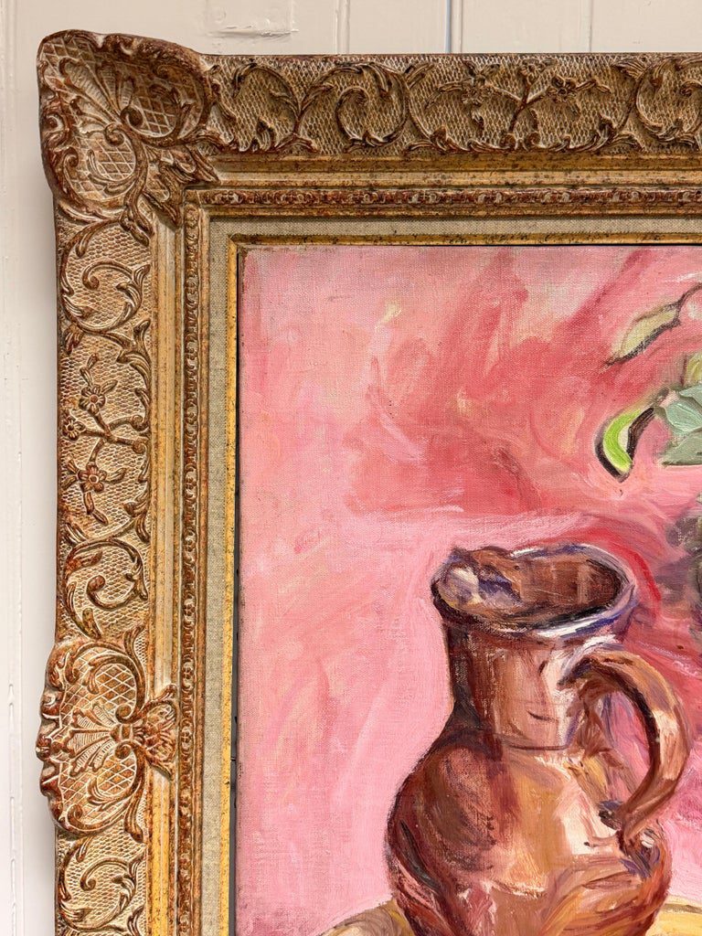 Yellow Flowers and Copper Jug in Pink Still Life Interior Oil French Painting - Image 7