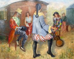 French Figurative Circus Performers Oil Painting Large Mid Century Yvette Bossie