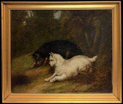 Fine Victorian English Oil Painting Two Terrier Dogs Rabbit Hole Woodland Scene